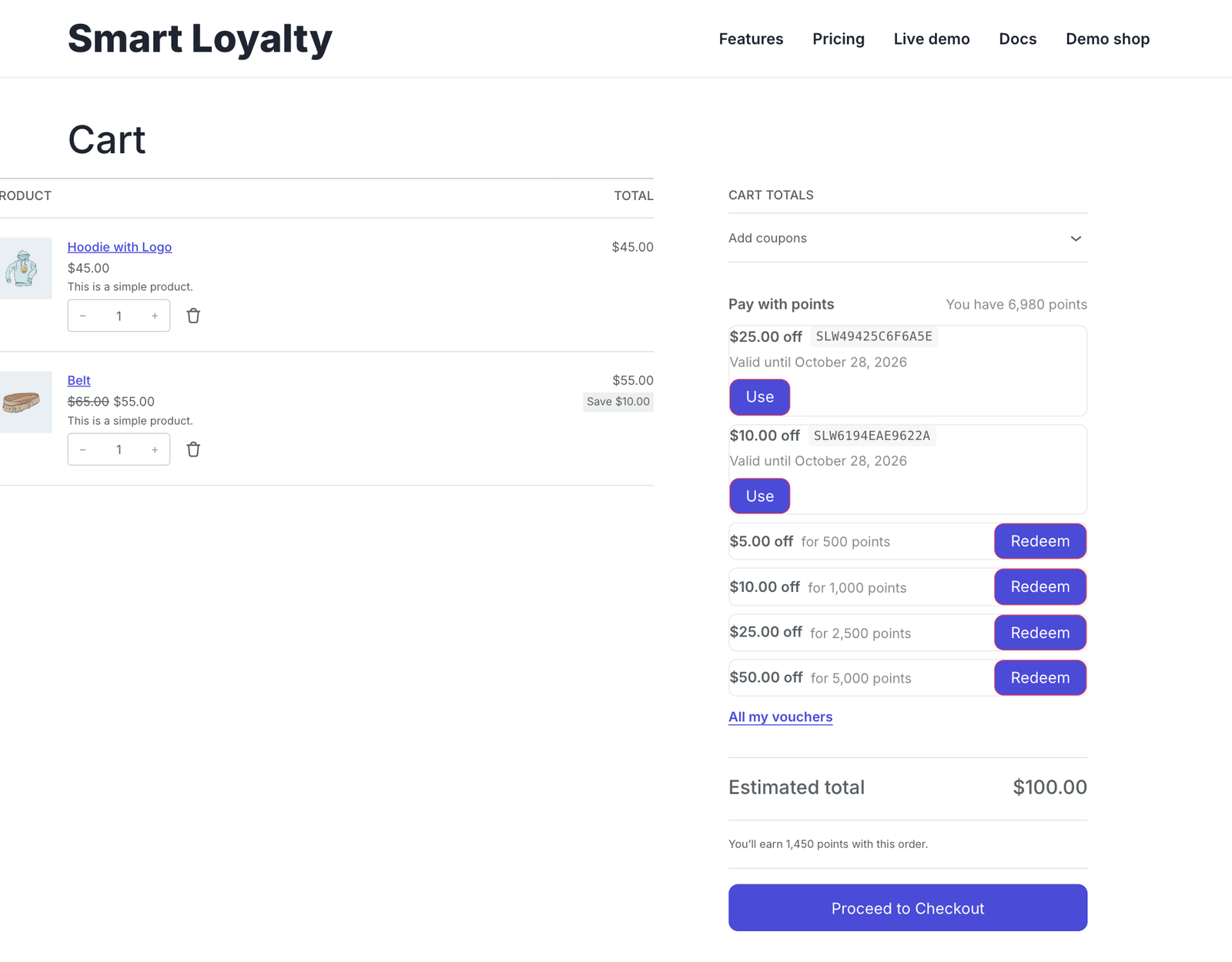 Cart with the Pay with points panel