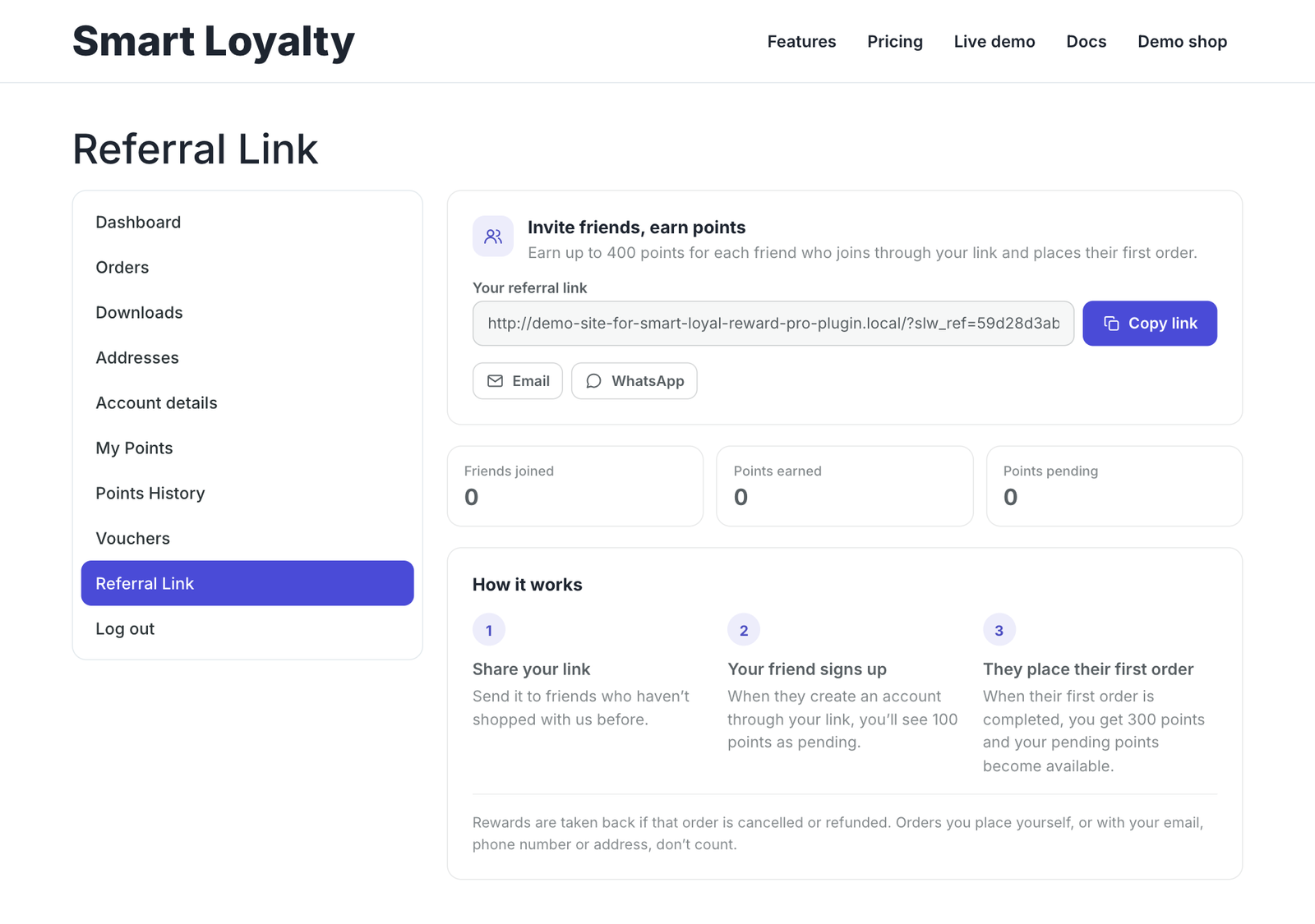 Customer referral link page