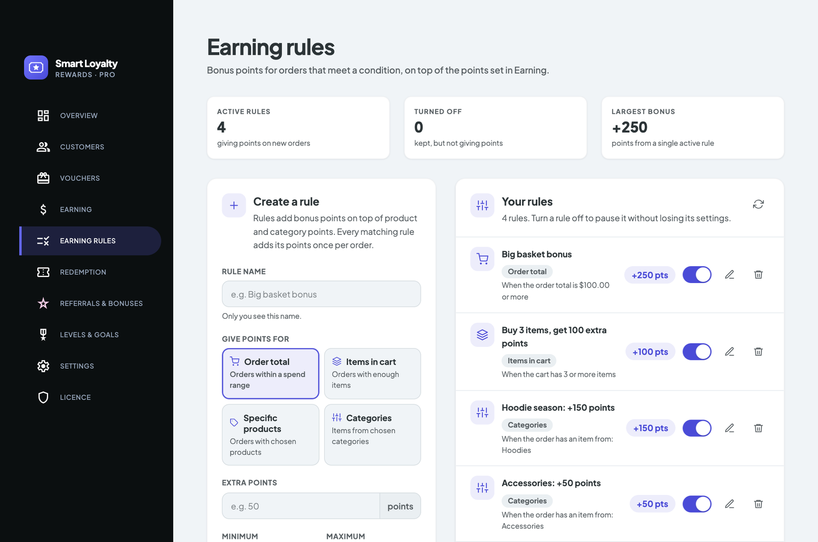 Earning rules screen